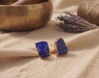 Raw Lapis Lazuli Stud Earrings Gold Boho Crystal Studs Gift for Her Chakra Jewelry