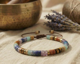 Chakra bracelet with genuine natural stone beads in rainbow colors, adjustable, minimalist, mindfulness jewelry for yoga & meditation