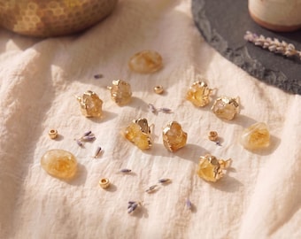 Raw Citrine Stud Earrings Gold Plated, Natural Crystal Jewelry, Solar Plexus Gift for Her