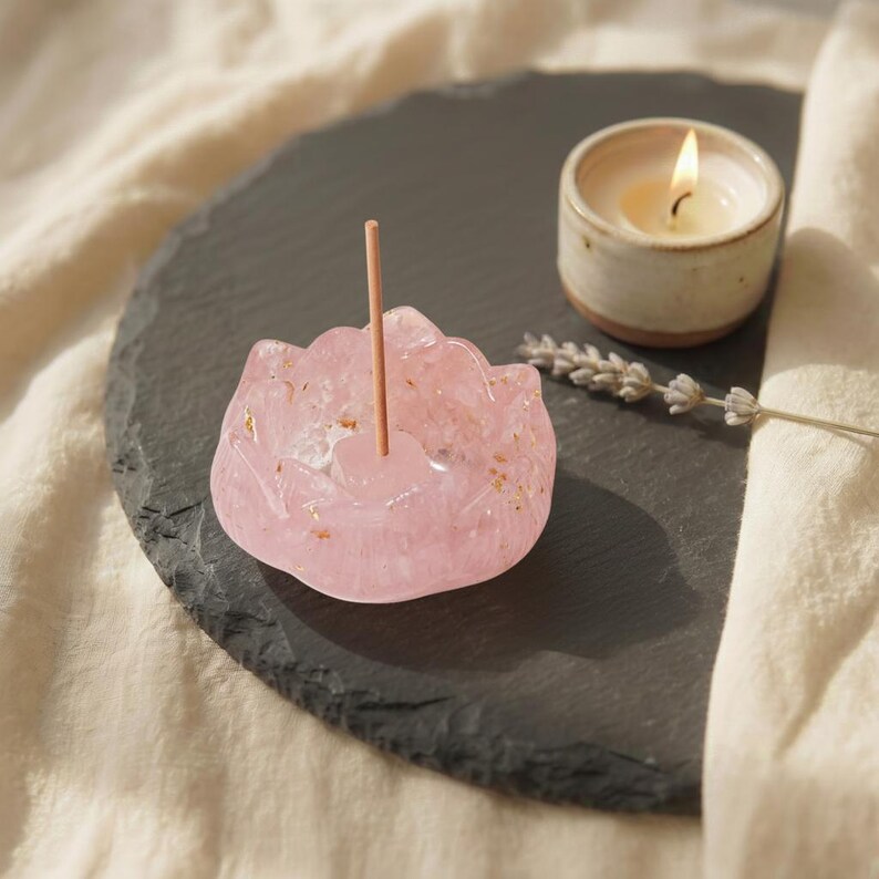 Rose Quartz Lotus Bowl Incense Holder - Crystal Decor for Meditation & Yoga image 4