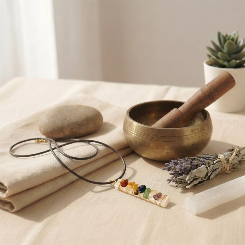 Chakra-Anhänger aus weißem Selenit mit goldfarbenem Draht und bunten Edelsteinen vor Lavendel Räucherwerk.
