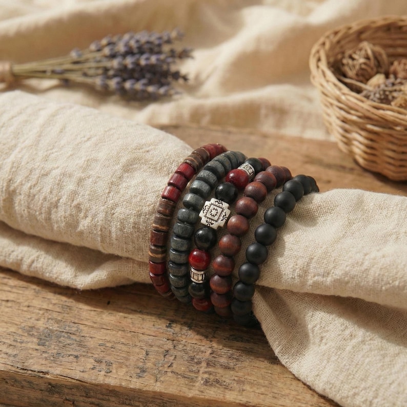 Wooden bracelet set Boho – natural beads in brown, green, and cream – tribal-inspired, elastic, earthy, unisex, stylish + handmade image 6