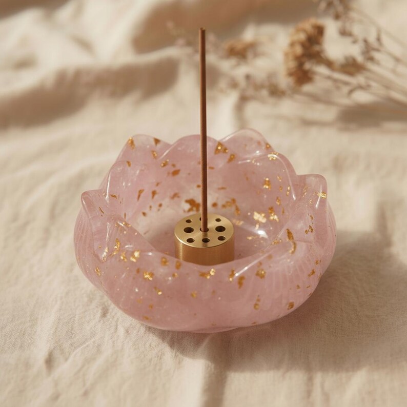 Rose Quartz Lotus Bowl Incense Holder - Crystal Decor for Meditation & Yoga image 1