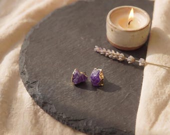 Raw Amethyst Stud Earrings Gold Edge, Natural Gemstone Studs, Boho Chic Crystal Jewelry