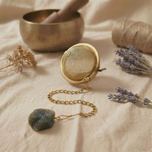Puede incluir: Infusor de té dorado con cadena y piedra azul-gris. El infusor es redondo con una malla. Un cuenco de latón y un mortero de madera están en el fondo, junto con flores secas y lavanda.