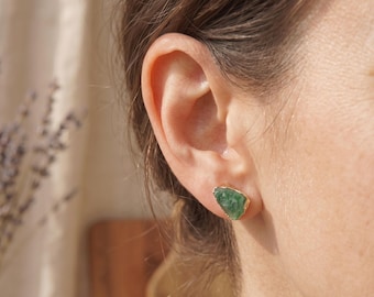 Raw Green Aventurine Stud Earrings, Gold Dipped Crystal Boho Jewelry