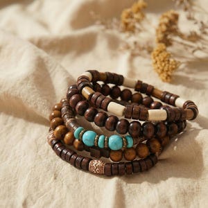 Wooden bracelet set Boho – natural beads in brown, green, and cream – tribal-inspired, elastic, earthy, unisex, stylish + handmade image 10