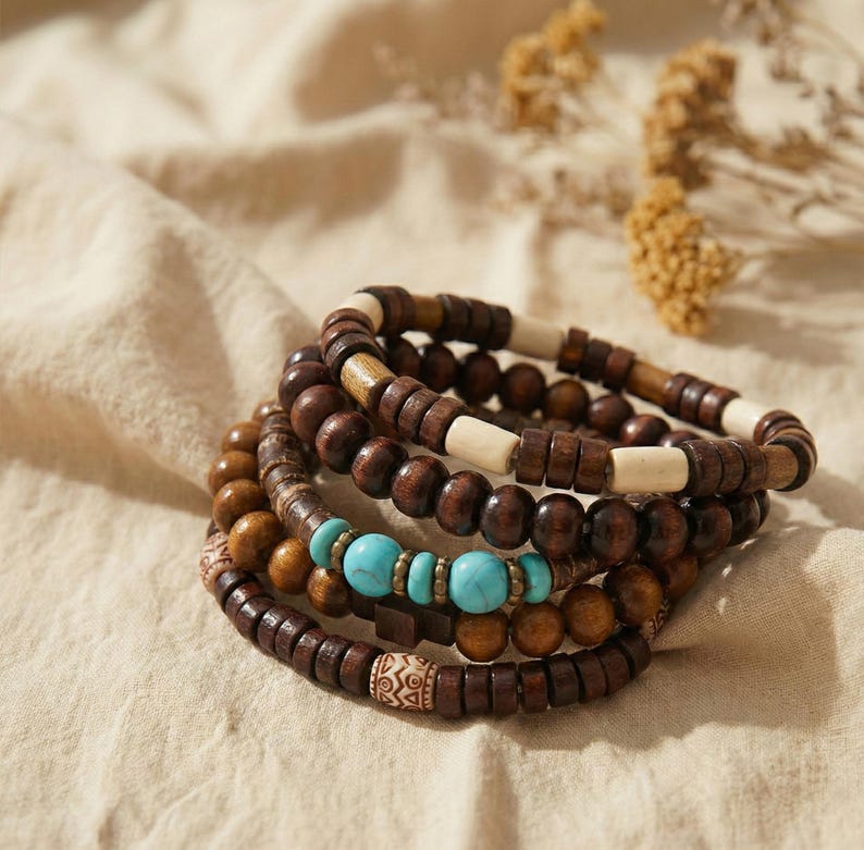 Wooden bracelet set Boho – natural beads in brown, green, and cream – tribal-inspired, elastic, earthy, unisex, stylish + handmade image 10
