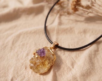Raw Citrine Necklace with Amethyst Crystal Pendant, Big Gold Boho Statement Jewelry for Women