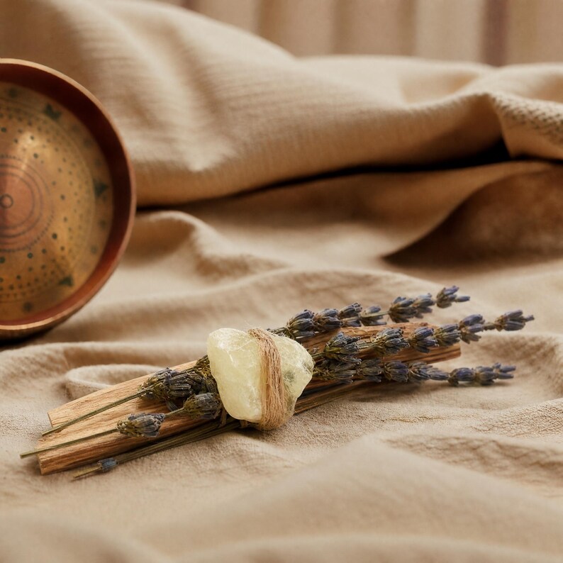 Natur-Räucherbündel aus duftendem Palo Santo Holz, Lavendel und einem Citrin Edelstein, drapiert neben einer runden Schamanentrommel auf hellem Stoff.
