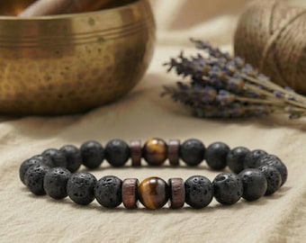 Lava Rock Bracelet with Tiger's Eye, Mens + Womens Beaded Stretch Bracelet, Natural Stone Jewelry, Protection Gift, Courage & Focus, Brown