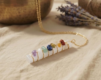 Raw Selenite Chakra Necklace Pendant, 7 Gemstones Altar Decor, Boho Meditation Jewelry Gift, Spiritual Cleaning