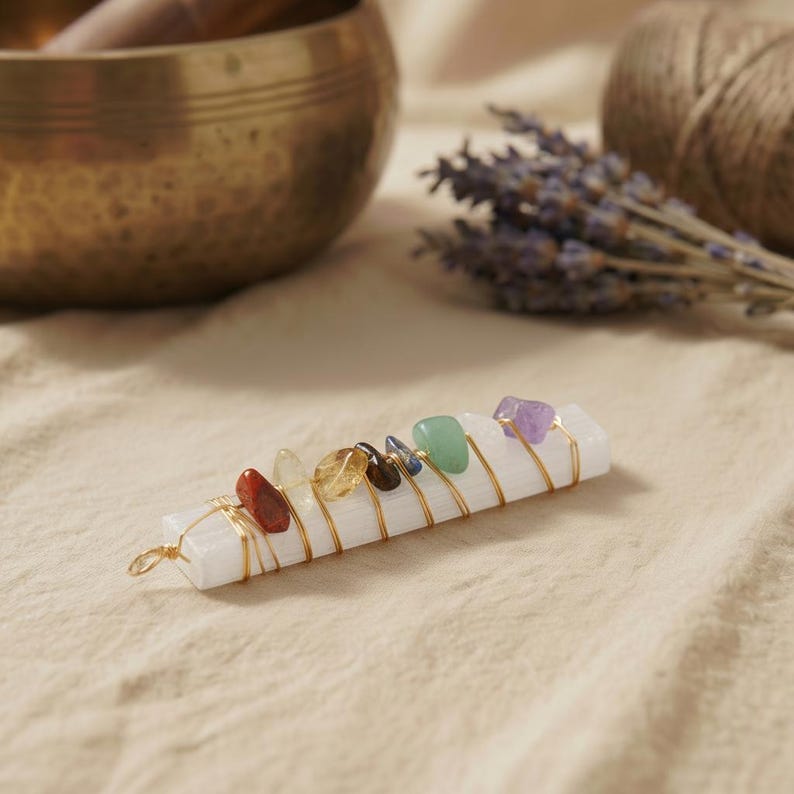 Chakra-Anhänger aus weißem Selenit mit goldfarbenem Draht und bunten Edelsteinen vor tibetischer Klangschale.