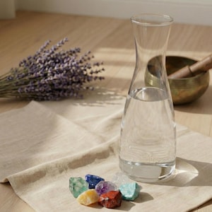 Könnte beinhalten: Eine klare Wasserkaraffe aus Glas, gefüllt mit Wasser, eine Sammlung bunter Edelsteine, ein Bündel getrockneten Lavendels und eine Klangschale aus Messing mit einem Holzschlägel liegen auf einem beigen Leinentuch.