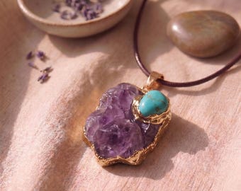 Raw Amethyst Necklace Turquoise Pendant Gold Boho Crystal Talisman Jewelry Mindfulness Gift for Her
