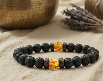 Lava Rock Bracelet with Honey Calcite, Natural Stone Beads Yellow Black, Positivity & Confidence Jewelry, Gift for Men and Women