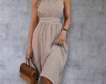Khaki Plaid Halter Midi Dress, High Waist Summer A-Line, Boho Vacation Style