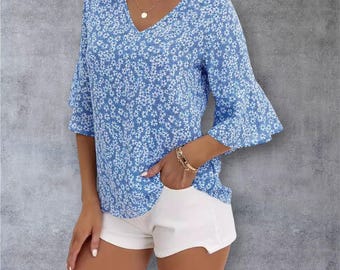 Floral Chiffon V-Neck Bell Sleeve Blouse, Lightweight Summer Tunic Top