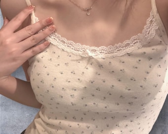 Floral Lace Trim Camisole, Ditsy Print Cami Top