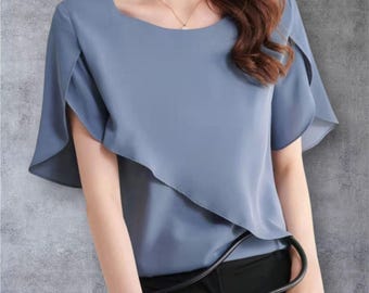 Gray Blue Chiffon Blouse, Short Sleeve Flared Sleeve Top, Plus Size M-3XL