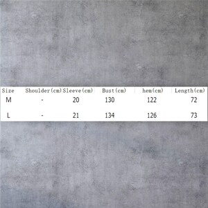 May include: A size chart table for clothing with columns for Size, Shoulder (cm), Sleeve (cm), Bust (cm), hem (cm), and Length (cm). The table lists size M with a 20 cm sleeve, 130 cm bust, 122 cm hem, and 72 cm length, and size L with a 21 cm sleeve, 134 cm bust, 126 cm hem, and 73 cm length.