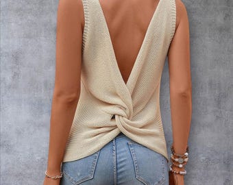 Knit Backless V-Neck Top, Twist Back Summer Sleeveless Vest, Boho Blouse