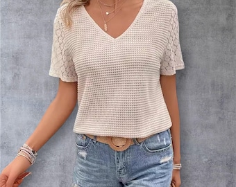 Beige Lace Sleeve Knit Top, Women's V-Neck Summer Blouse, Slim Fit Casual Shirt