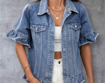 Cropped Denim Jacket, Short Sleeve Fringe Jean Jacket, Street Style Blue