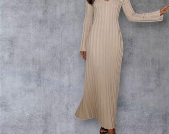 Apricot V-Neck Maxi Dress, High Waist Long Sleeve Bell Sleeves, Viscose Ribbed Fabric
