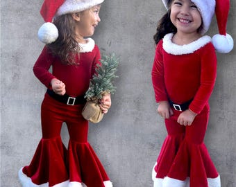 Girls Christmas Pajama Set, Red Long Sleeve Top, Bell Bottom Pants, Santa Hat 3-Piece