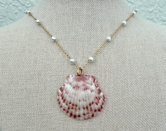 Scallop Shell Necklace with Pearls | 18 K PVD Gold |Coastal Summer Waterproof Jewelry
