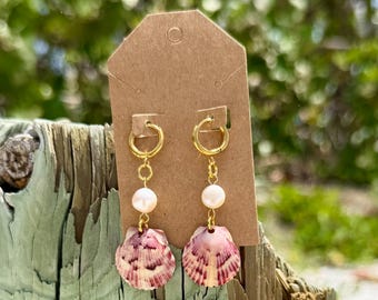 Florida Scallop Shell Earrings with Pearl Accents – Gold Mini Hoop Coastal Jewelry