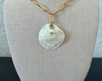 Real Jingle Shell Necklace | 18K PVD Gold Paperclip Chain| Pearl Accent | Waterproof Coastal Jewelry