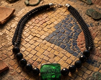 Handmade Green Glass & Onyx Necklace, Antique Market Finds Satin Cord Choker, Unique Artisan Jewelry, Bold Statement Boho Gift for Her.