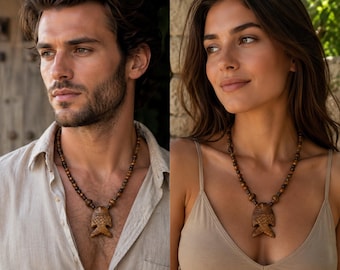 Collar con colgante de pez ojo de tigre tallado a mano, cadena unisex de hematita de 56 cm, joyería de piedras preciosas naturales, cierre de cobre náutico, regalo para él.