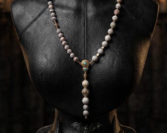 Asymmetric Desert Rose Jasper Mala Necklace Tibet Guru Bead Boho Tribal Long Chalcedony Healing Crystal Meditation Jewelry Yoga