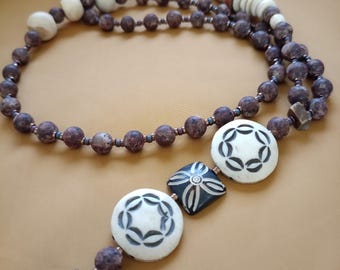 Matte Jasper & Carved Bone Ethnic Tribal Necklace - 72 cm Long Boho Jewelry with Miyuki and Hematite Accents