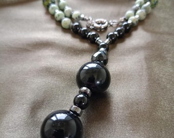 Handmade Variscite & Obsidian Natural Stone Necklace with Mosaic Czech (Millefiori) Crystal