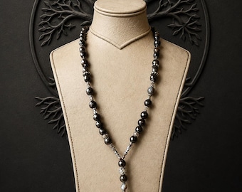Faceted Banded Agate Necklace with Hematite Chain, Luxury Rhinestone Rondelle & Filigree Focal Bead Statement Jewelry for Women