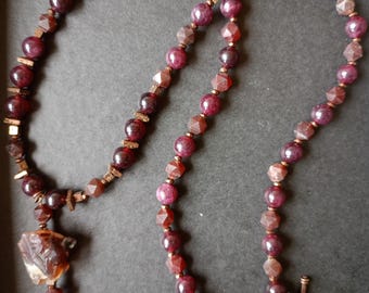 Raw Carnelian and Strawberry Quartz Necklace, Architectural Copper Hematite Pendant, Shamanic Gothic Jewelry, Long Statement Gemstone Piece
