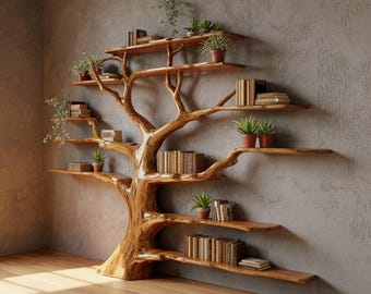 Estantería con forma de árbol – Estantería rústica de madera con forma de árbol, decoración de madera natural para montaje en pared
