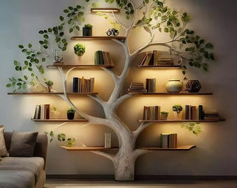 Handmade Wooden Tree Bookshelf – Natural Wood Wall Bookcase