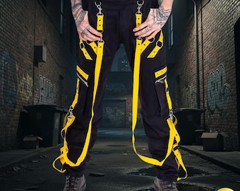Pantalones cargo negros de estilo técnico – Vaqueros utilitarios de estilo cyberpunk con correa amarilla