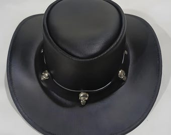 Sombrero vaquero de cuero negro / Estilo gótico western con calaveras tachuelas