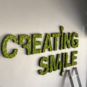 Op de afbeelding: Groene mosletters met de tekst "CREATING SMILE" zijn op een lichtgrijze muur gemonteerd. De letters hebben een donkere rand. Een zilveren ladder leunt tegen de muur. Het algemene thema is motiverend en decoratief.