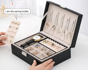 Luksusowy organizer na biżuterię z miejscem na kolczyki, haczykami na naszyjniki, rolkami na pierścionki, przegródką na zegarki, zamykany na klucz, czarny, prezent dla kobiet i mam