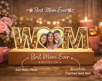 Pamiątka dla mamy z okazji Dnia Matki, spersonalizowana lampka nocna LED ze zdjęciem mamy, niestandardowa akrylowa lampa z drewnianą podstawą, prezent „Kochamy Cię”