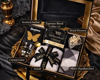 Luksusowy zestaw prezentowy dla drużbów, prezent z podziękowaniami dla świadka, czarno-złote etui na pamiątkę z herbatą, szklanką, ręcznikiem i kartką, upominek dla gości weselnych