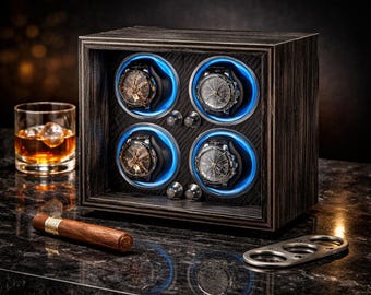 Luksusowy drewniany nakręcacz zegarków, 1-8 gniazd, niebieska dioda LED, obudowa z cichym silnikiem