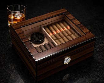 Luksusowe pudełko na cygara z humidorem i szklanym blatem | Drewniane etui na cygara z higrometrem | Prezent dla mężczyzny | Mieści od 25 do 75 cygar